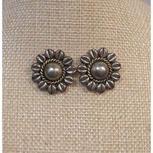 Vintage Sterling Silver Mixed Metal Laton Mexico 925 Sunflower Earrings‎ Signed